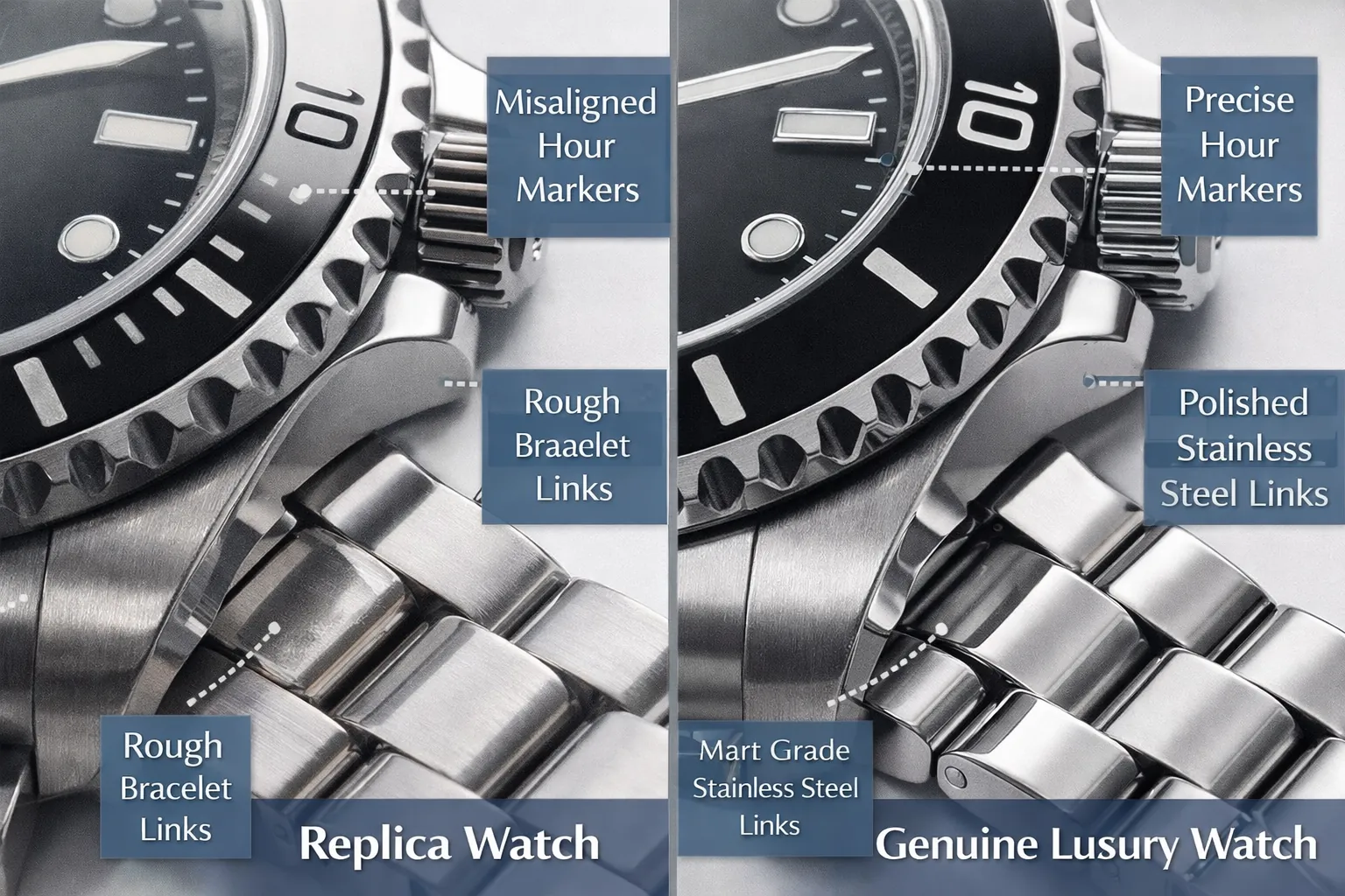 Close-up view of watch finishing details on dial and bracelet