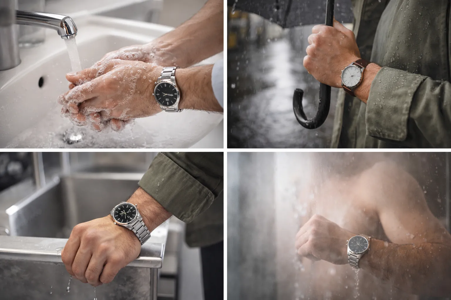 wristwatch exposed to everyday water and steam environment showing water exposure risk