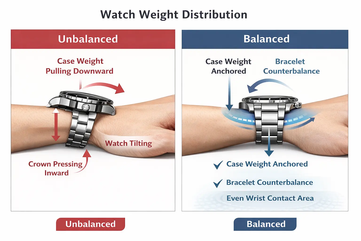 Diagram showing watch weight distribution, center of gravity and bracelet counterbalance