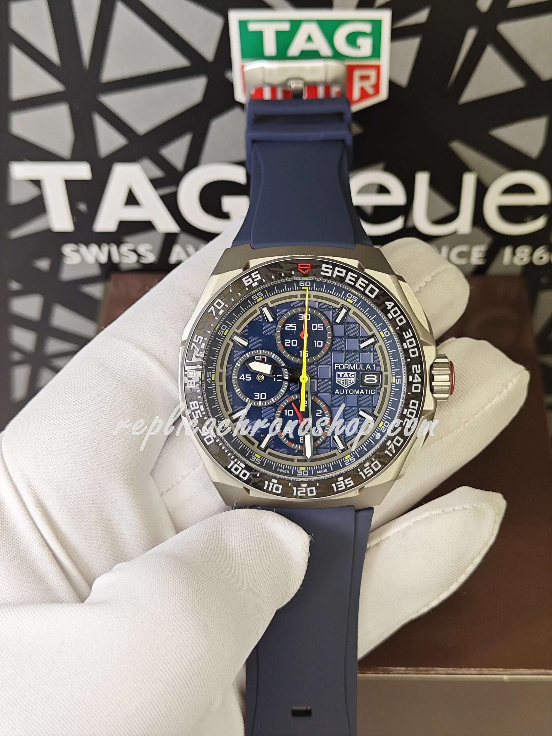 Replica TAG Heuer FORMULA 1 Swiss Automatic Chronograph Men's Watch - Blue Dial, Ceramic Bezel, Rubber Strap