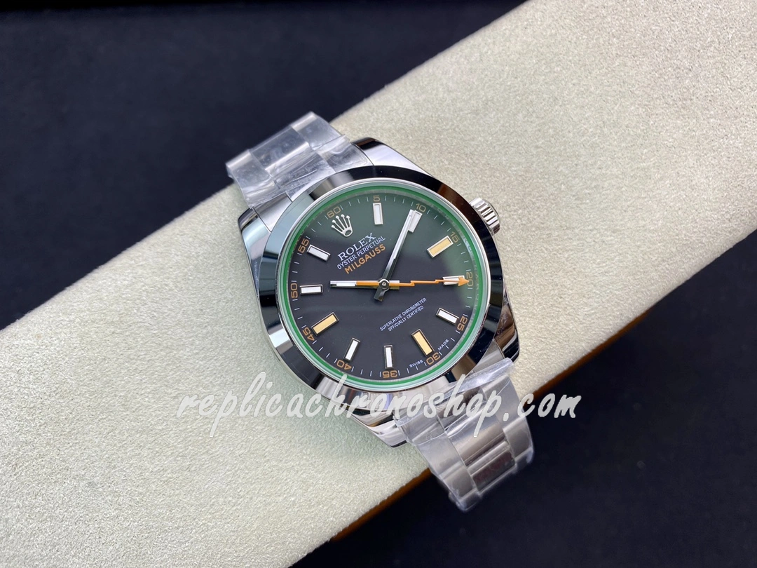 Best Replica 40mm Rolex Milgauss Style Black Dial Green Tint Crystal Automatic 904L Stainless Steel Sports Luxury Men Watch - Image 3
