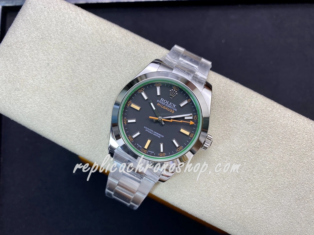 Best Replica 40mm Rolex Milgauss Style Black Dial Green Tint Crystal Automatic 904L Stainless Steel Sports Luxury Men Watch - Image 5