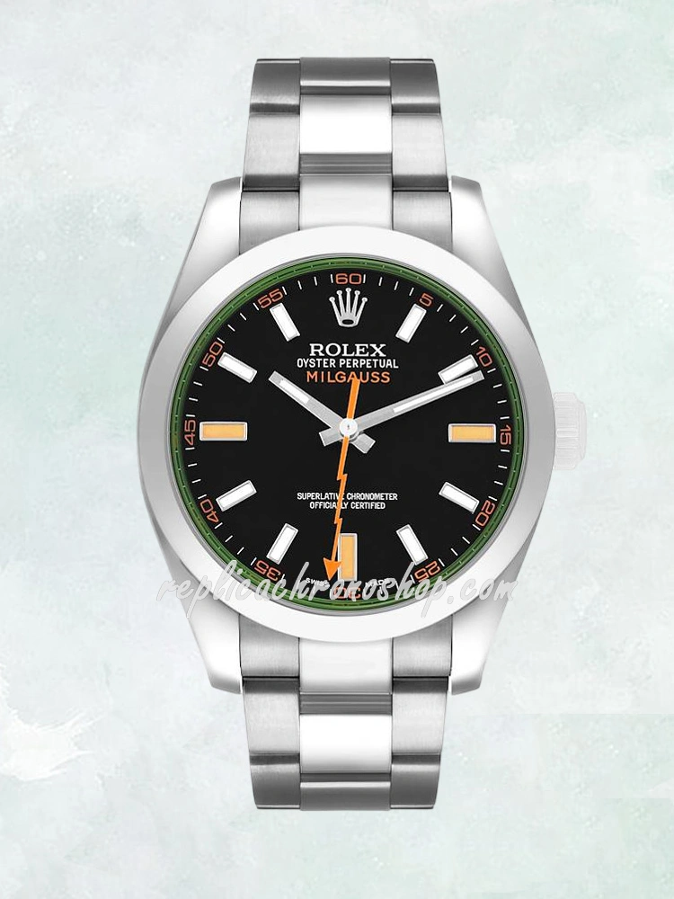 Best Replica 40mm Rolex Milgauss Style Black Dial Green Tint Crystal Automatic 904L Stainless Steel Sports Luxury Men Watch